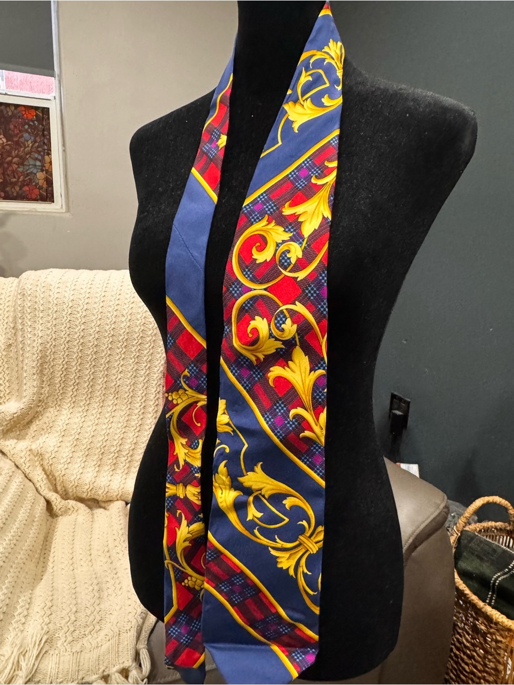 Versace Blue, Red & Yellow Baroque Plaid Silk Tie Scarf